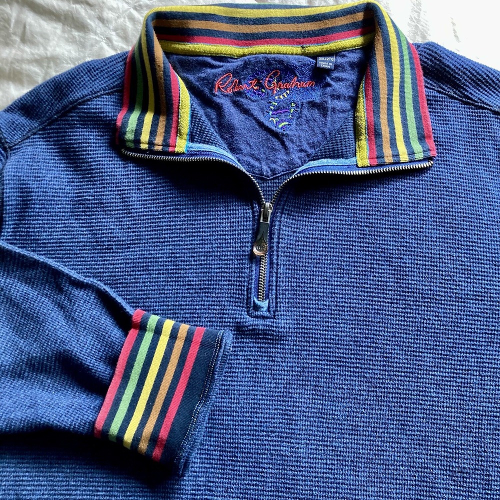 Robert Graham Mens 2XL Thermal Waffle Long Sleeve 1/4Zip Pullover Sweater Blue - Picture 1 of 16
